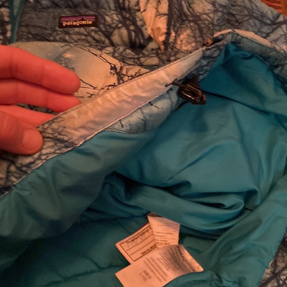 Patagonia Kids Tree Down jacket sky blue turquoise trees excellent size L 10 12 - Picture 10 of 10